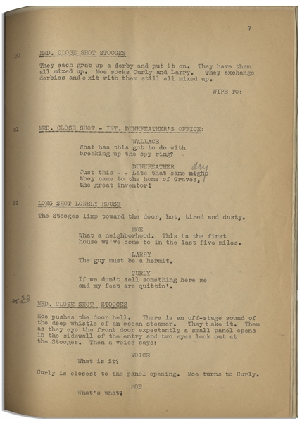 Moe Howard's 33pp. Script Dated June 1942 for The 1943 Three Stooges Film ''Spook Louder'' -- With Annotations in Moe's Hand & Additional 2pp. Shooting Schedule -- Very Good Condition